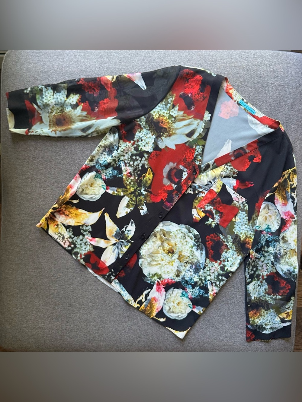Alice + Olivia Black Floral Button-Down Top with Red and Cream Blooms